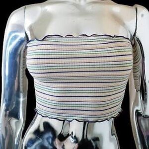 BP. Womens Multicolor Stripe Lettuce Trim Bandeau Crop Top